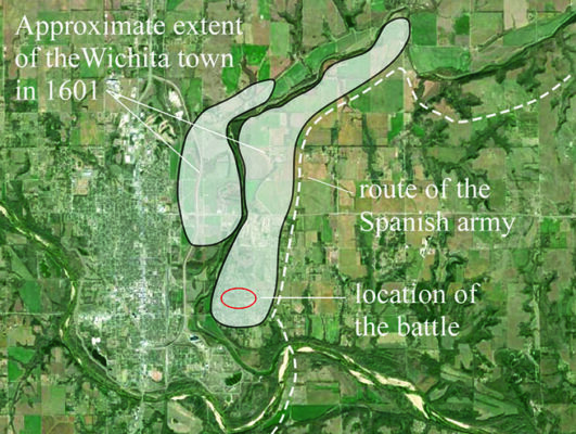 An outline of the proposed inhabitance area of Etzanoa over a satellite image. Text reads "Approximate extent of the Wichita town in 1601." A line points to a dotted line going along the length of the river reads "route of the Spanish army." Text reading "Location of the battle" pointing to a small circle to the south.
