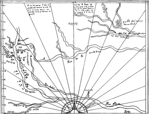 Spanish Martinez map. Depicts rivers and settlements all lined up on a compass.