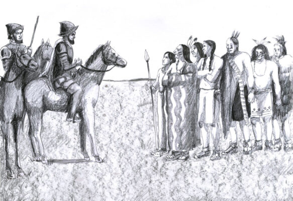Artist depiction of the Conquistadors on horseback meeting indigenous people.