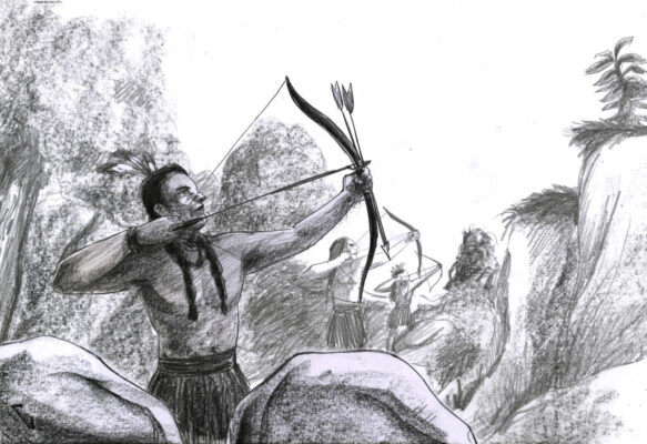 Artistic depiction of indigenous people using bows and arrows at the Battle of Etzanoa.