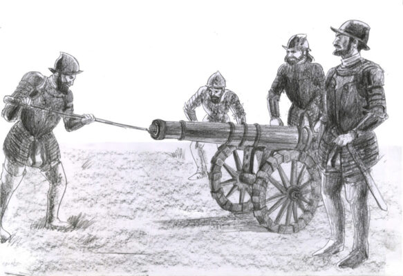 Artistic depiction of the Conquistadors loading a cannon at the Battle of Etzanoa.