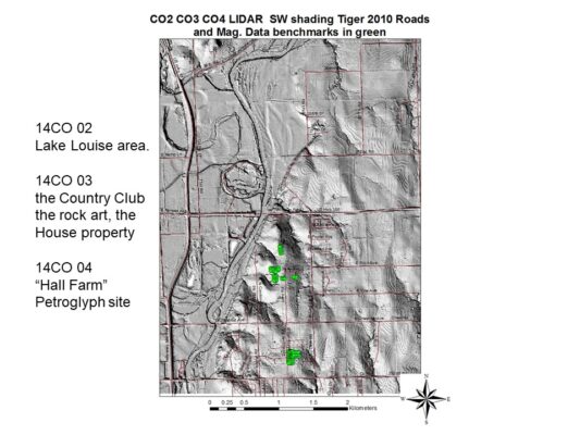 Lidar images depicting anomalies at Lake Louise area, the country club, and "Hall Farm"