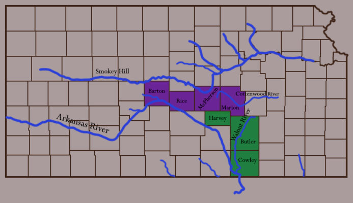 A map of Kansas with county outlines. The Arkansas, Walnut, and Cottenwood Rivers are labeled. Barton, Rice, McPherson, and Marion Counties are colored the same. Harvey, Butler, and Cowley Counties are colored the same.