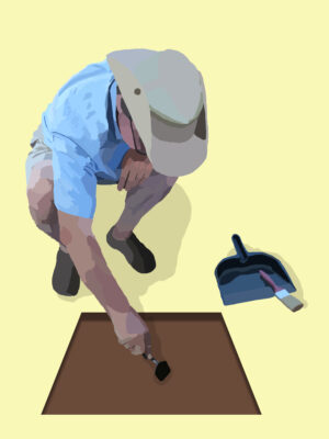 Drawing of a person digging in the dirt with a trowel, dustpan, and brush.