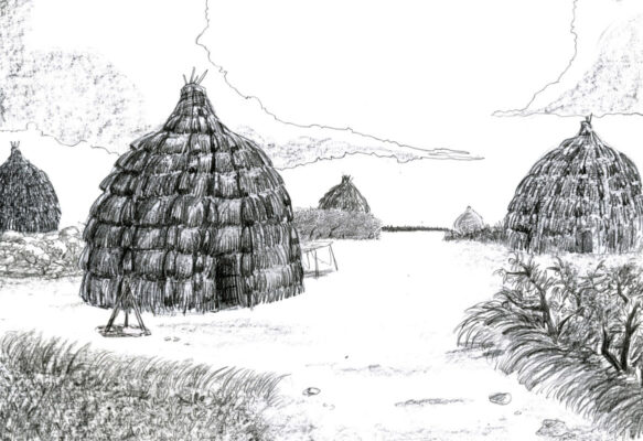 Artist depiction of Etzanoa's grass houses.
