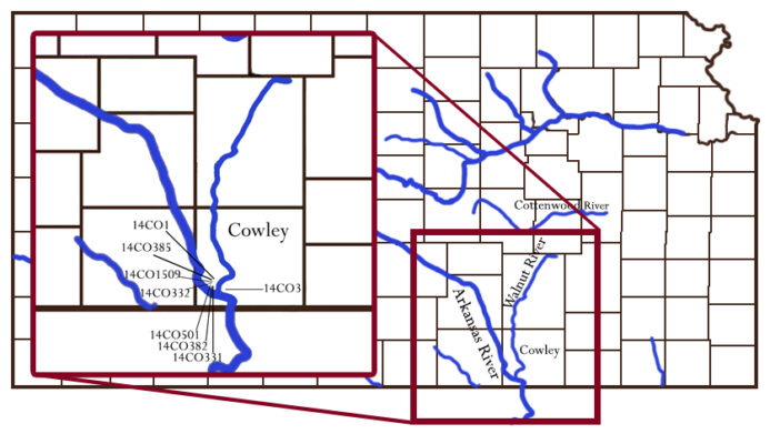 A map of Kansas with county outlines. The area around Arkansas City is magnified to show details of the Arkansas and Walnut River. Archaeological sites are labeled along the rivers including 14CO1, 14CO385, 14CO1509, 14CO332, 14CO501, 14CO382, 14CO331, and 14CO3.