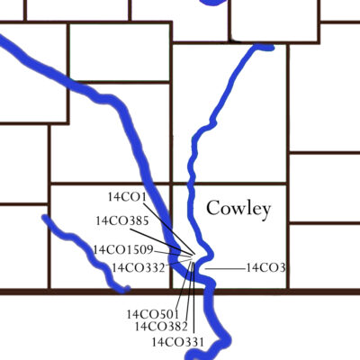 A magnified area of Kansas to show details of the Arkansas and Walnut River. Archaeological sites are labeled along the rivers including 14CO1, 14CO385, 14CO1509, 14CO332, 14CO501, 14CO382, 14CO331, and 14CO3.