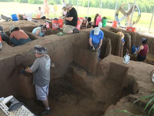 Excavators work in units to uncover and clean finds.