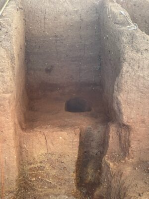 The cleaned walls of an archaeological unit showing the different layers of soil.