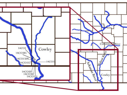 A map of Kansas with county outlines. The area around Arkansas City is magnified to show details of the Arkansas and Walnut River. Archaeological sites are labeled along the rivers including 14CO1, 14CO385, 14CO1509, 14CO332, 14CO501, 14CO382, 14CO331, and 14CO3.