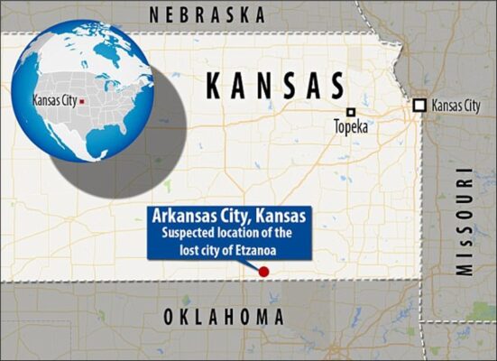 Map of Kansas with Arkansas City, Kansas pinpointed at the southern boarder between Kansas and Oklahoma.